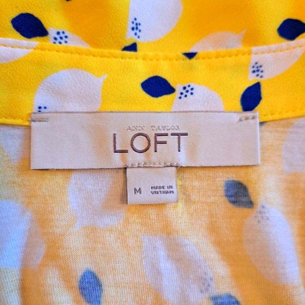Loft Yellow Lemon Print Collared Split Neck Sleev… - image 6